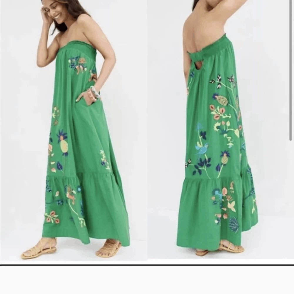 Anthropologie Green Floral Embroidered Strapless Maxi Sundress Women's Size XS